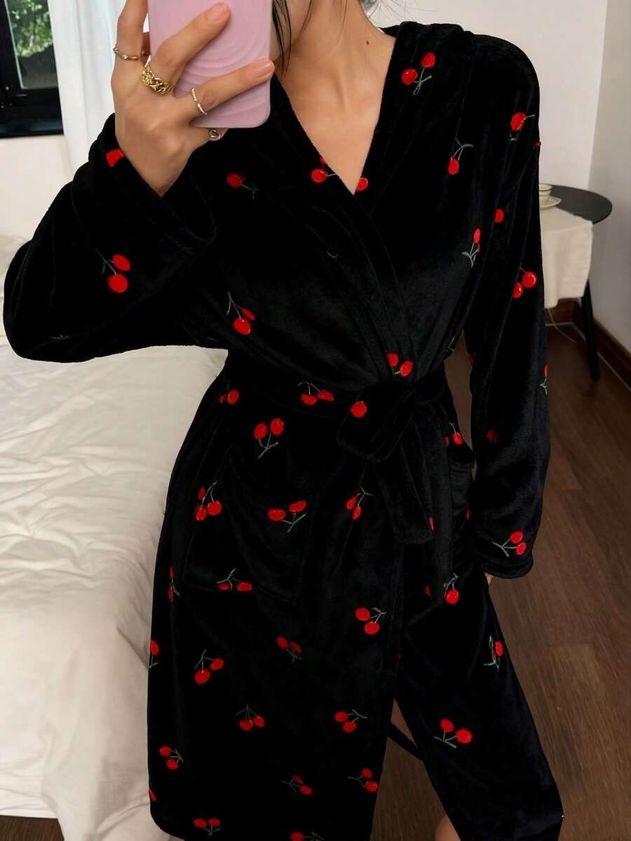 Women's Plush Hooded Robe, Cherry Print Fleece Bathrobe with Tie Belt and Pockets, Midi Length, Black, view 3