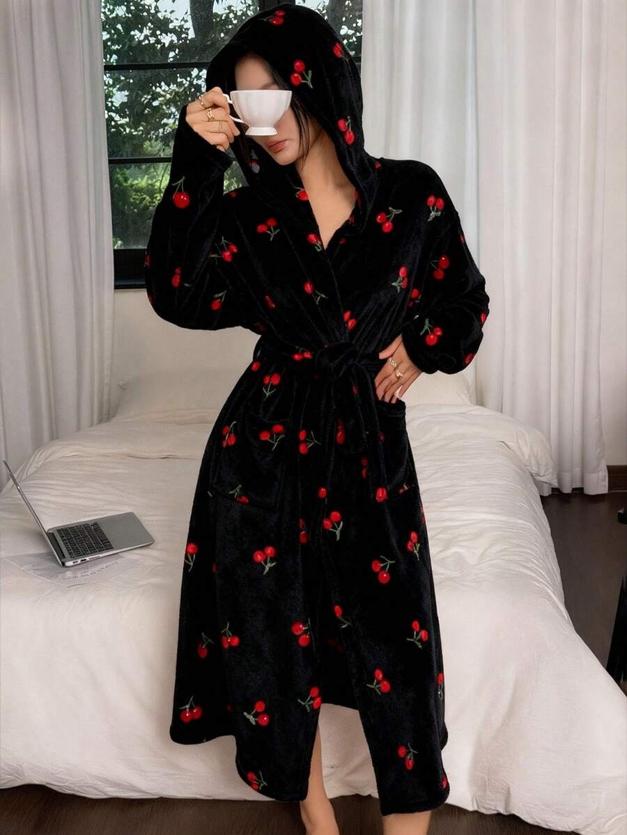 Women's Plush Hooded Robe, Cherry Print Fleece Bathrobe with Tie Belt and Pockets, Midi Length, Black, view 5