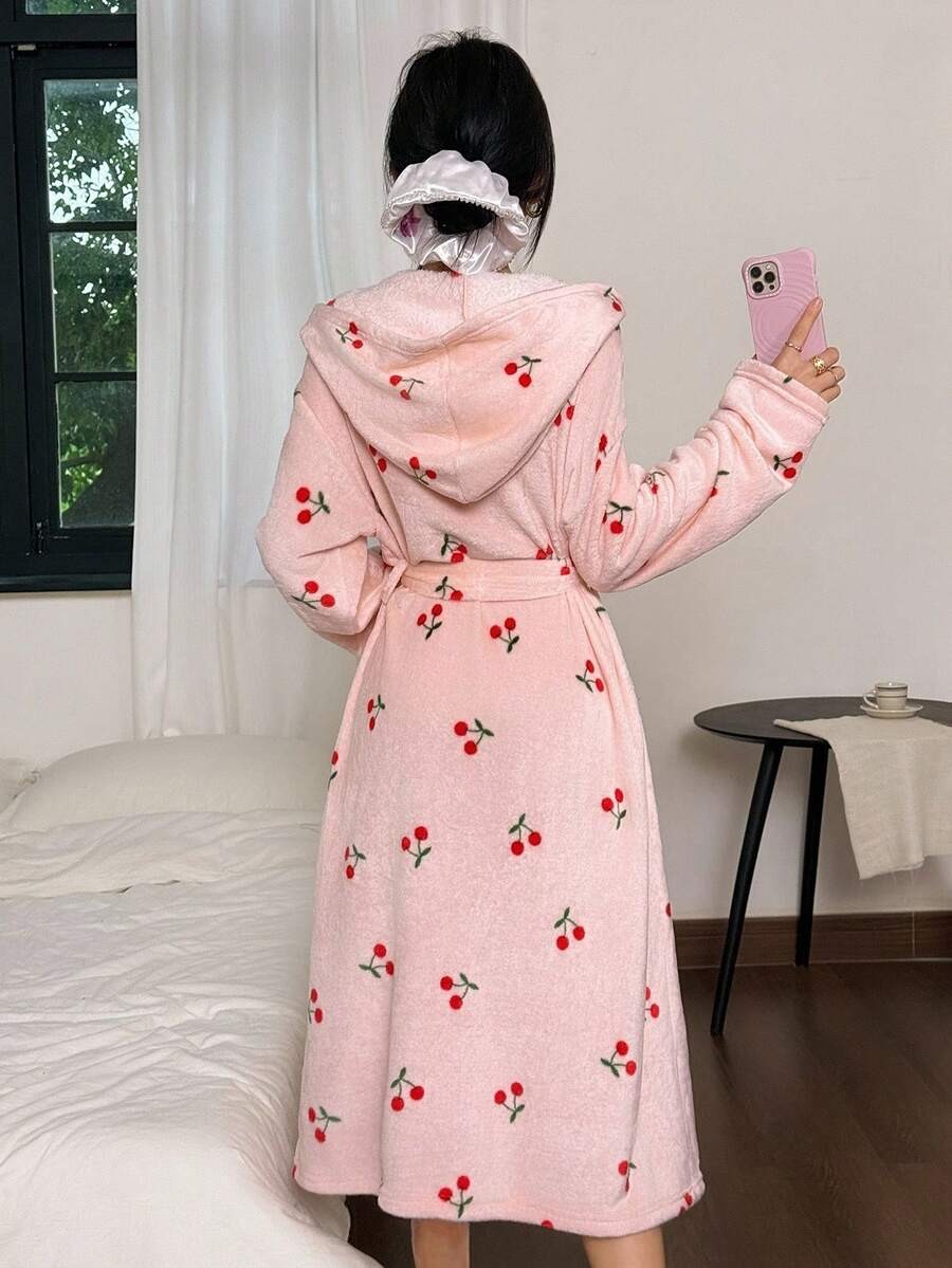 Women's Plush Hooded Robe, Cherry Print Fleece Bathrobe with Tie Belt and Pockets, Midi Length, Pink, view 8