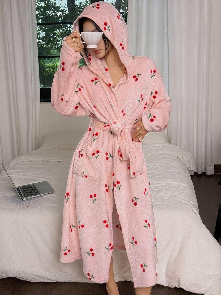 Women's Plush Hooded Robe, Cherry Print Fleece Bathrobe with Tie Belt and Pockets, Midi Length, Pink, view 11