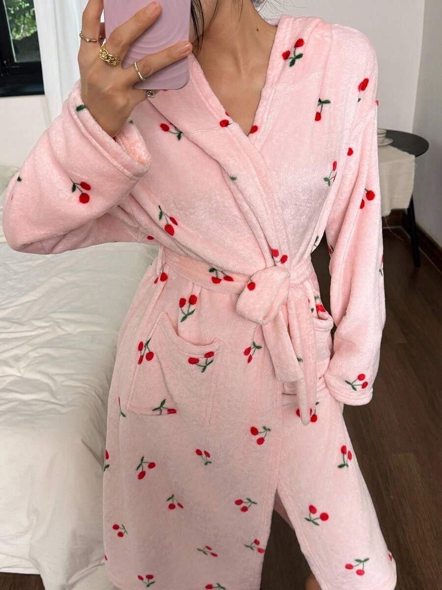 Women's Plush Hooded Robe, Cherry Print Fleece Bathrobe with Tie Belt and Pockets, Midi Length, Pink, view 12