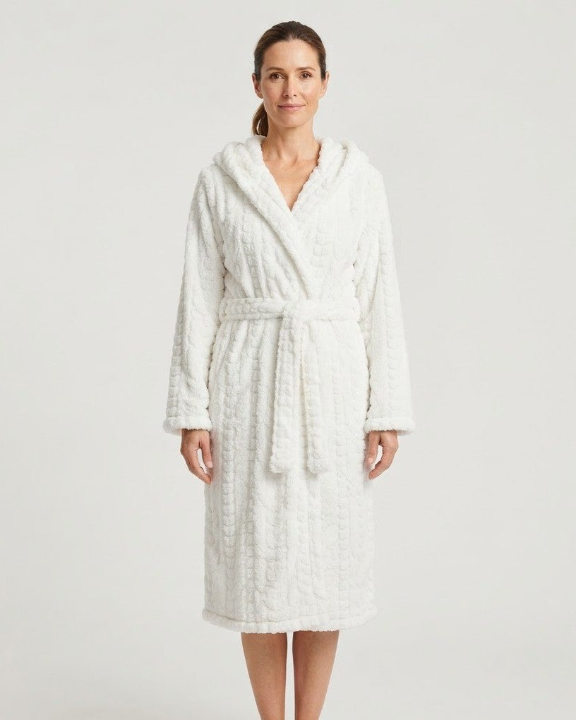 Women's Plush Hooded Robe, Textured Jacquard Fleece Bathrobe with Tie Belt and Pockets, Knee Length, White