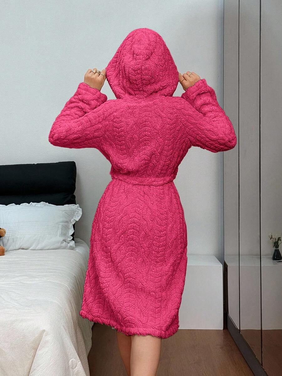 Women's Plush Hooded Robe, Textured Jacquard Fleece Bathrobe with Tie Belt and Pockets, Knee Length, Hot Pink, view 9