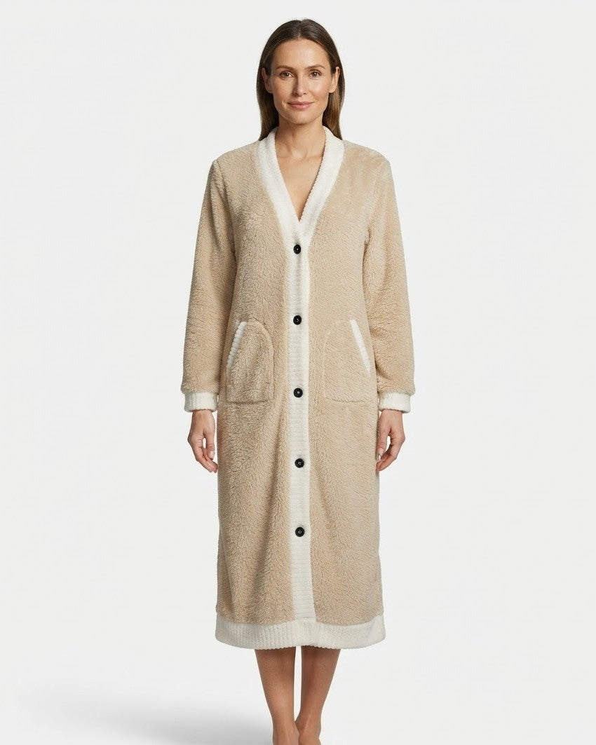 Women's Plush Robe, Beige Button Front Fleece House Coat with Contrast Trim and Slant Pockets, Khaki