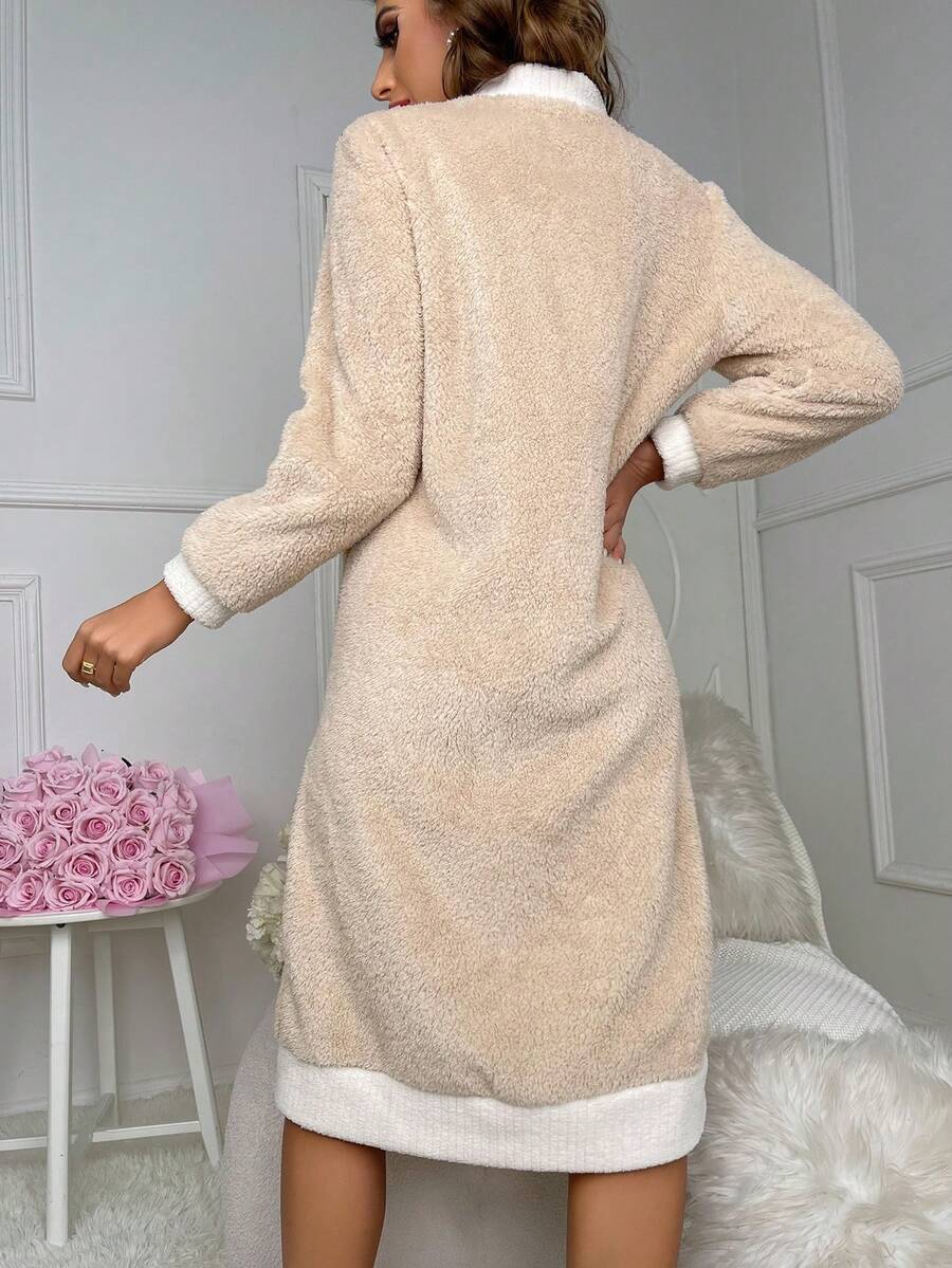 Women's Plush Robe, Beige Button Front Fleece House Coat with Contrast Trim and Slant Pockets, Khaki, view 2