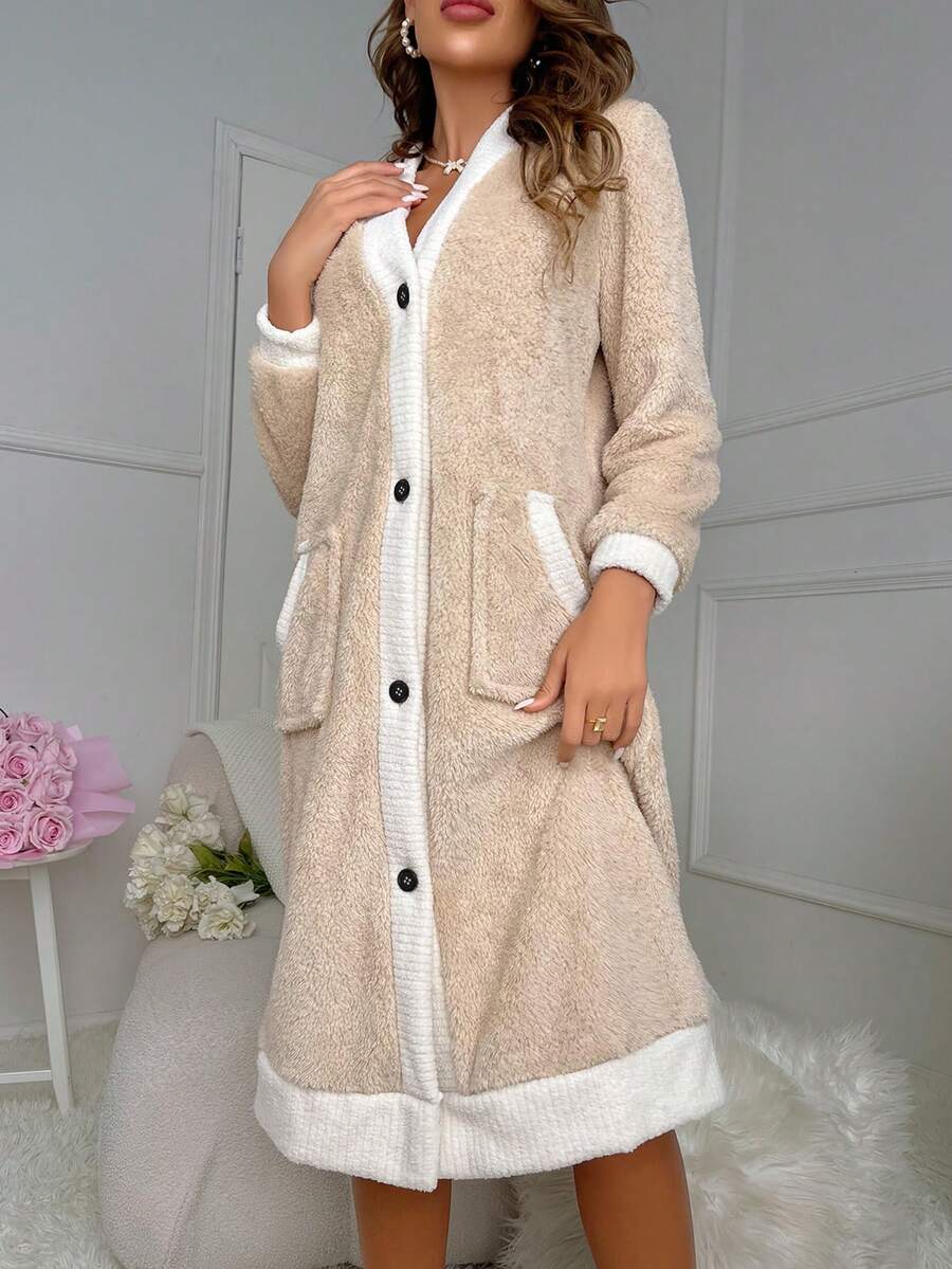 Women's Plush Robe, Beige Button Front Fleece House Coat with Contrast Trim and Slant Pockets, Khaki, view 5