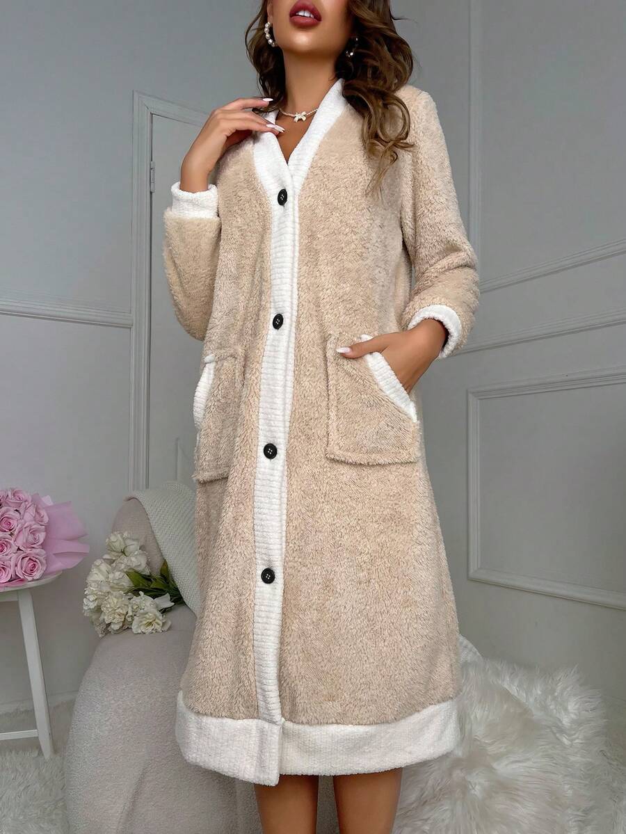 Women's Plush Robe, Beige Button Front Fleece House Coat with Contrast Trim and Slant Pockets, Khaki, view 6