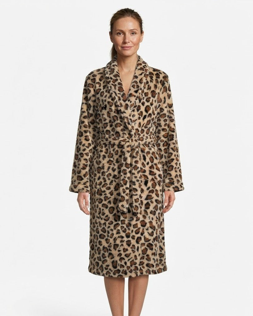 Women's Plush Robe, Leopard Print Fleece Bathrobe with Shawl Collar and Tie Belt, Knee Length, Brown/Black