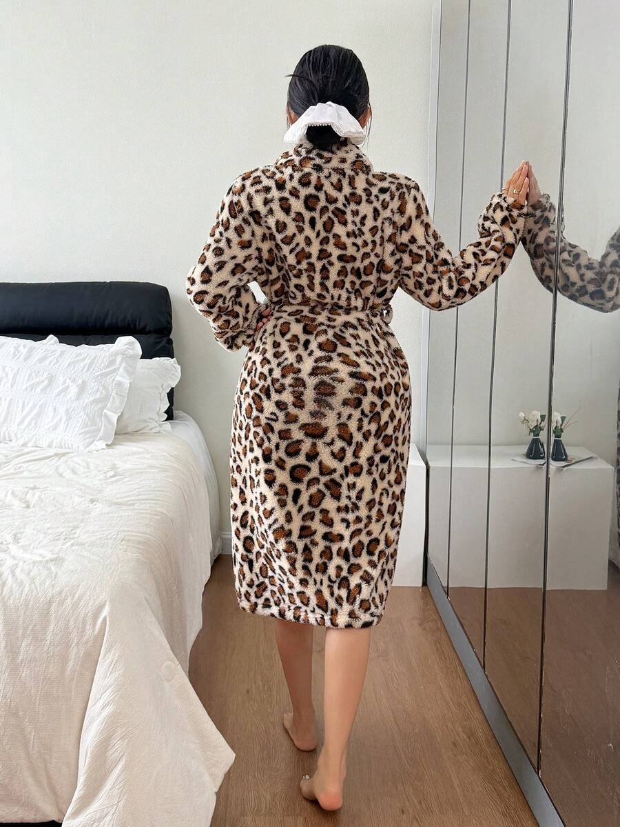 Women's Plush Robe, Leopard Print Fleece Bathrobe with Shawl Collar and Tie Belt, Knee Length, Brown/Black, view 2