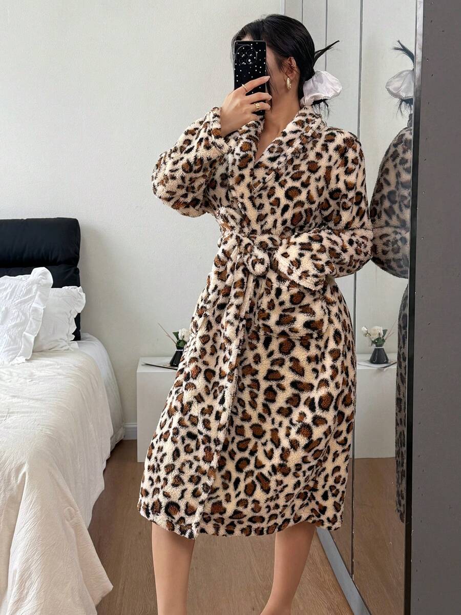 Women's Plush Robe, Leopard Print Fleece Bathrobe with Shawl Collar and Tie Belt, Knee Length, Brown/Black, view 5