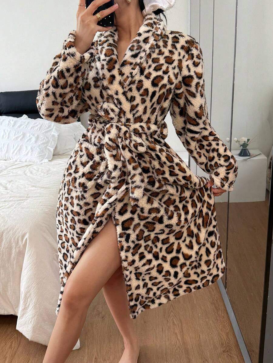 Women's Plush Robe, Leopard Print Fleece Bathrobe with Shawl Collar and Tie Belt, Knee Length, Brown/Black, view 6