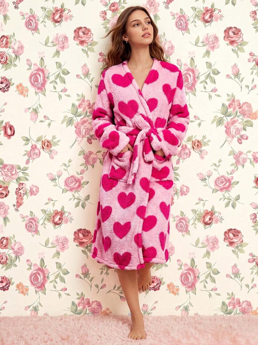 Women's Plush Robe, Pink Heart Print Fleece Bathrobe with Shawl Collar, Tie Belt and Pockets, Pink
