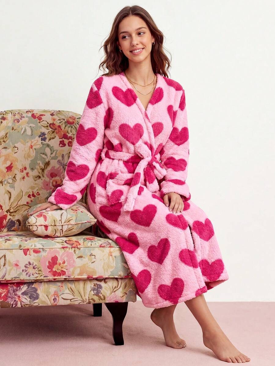 Women's Plush Robe, Pink Heart Print Fleece Bathrobe with Shawl Collar, Tie Belt and Pockets, Pink, view 2