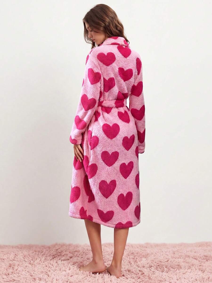 Women's Plush Robe, Pink Heart Print Fleece Bathrobe with Shawl Collar, Tie Belt and Pockets, Pink, view 3
