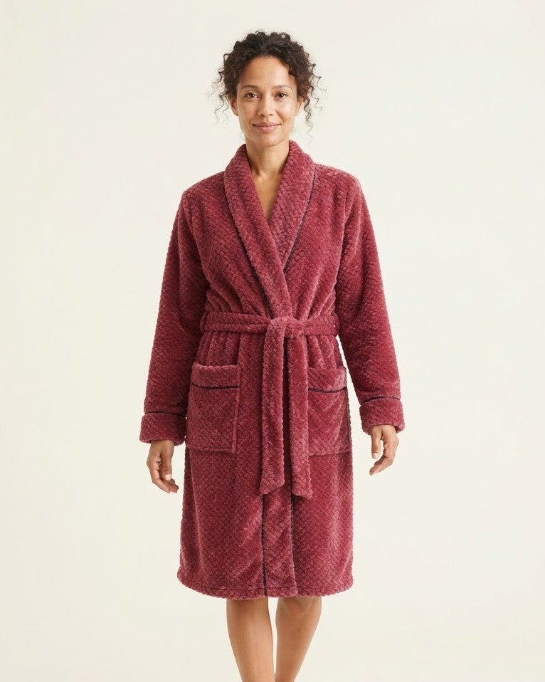 Women's Plush Robe, Raspberry Honeycomb Fleece Bathrobe with Contrast Piping, Tie Belt and Pockets, Raspberry