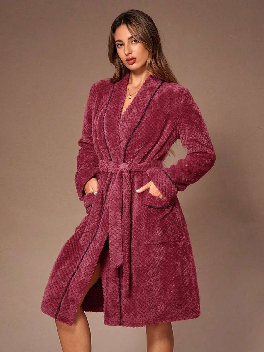 Women's Plush Robe, Raspberry Honeycomb Fleece Bathrobe with Contrast Piping, Tie Belt and Pockets, Raspberry