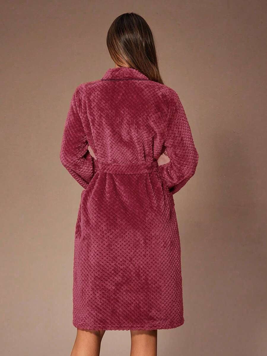 Women's Plush Robe, Raspberry Honeycomb Fleece Bathrobe with Contrast Piping, Tie Belt and Pockets, Raspberry, view 2