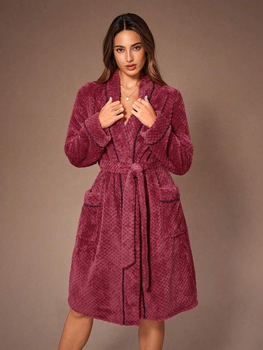 Women's Plush Robe, Raspberry Honeycomb Fleece Bathrobe with Contrast Piping, Tie Belt and Pockets, Raspberry, view 3