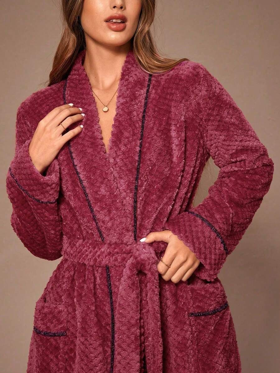 Women's Plush Robe, Raspberry Honeycomb Fleece Bathrobe with Contrast Piping, Tie Belt and Pockets, Raspberry, view 4