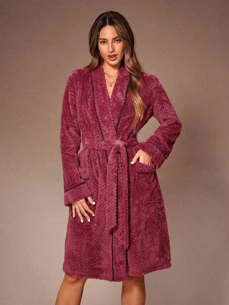 Women's Plush Robe, Raspberry Honeycomb Fleece Bathrobe with Contrast Piping, Tie Belt and Pockets, Raspberry, view 5