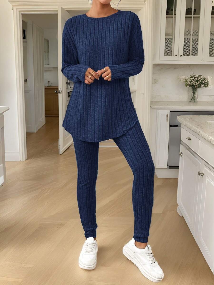 Women's Rib Knit Lounge Set, Oversized Drop Shoulder Top with Split Hem and Leggings, Navy Blue