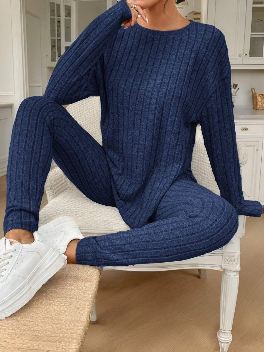 Women's Rib Knit Lounge Set, Oversized Drop Shoulder Top with Split Hem and Leggings, Navy Blue, view 2