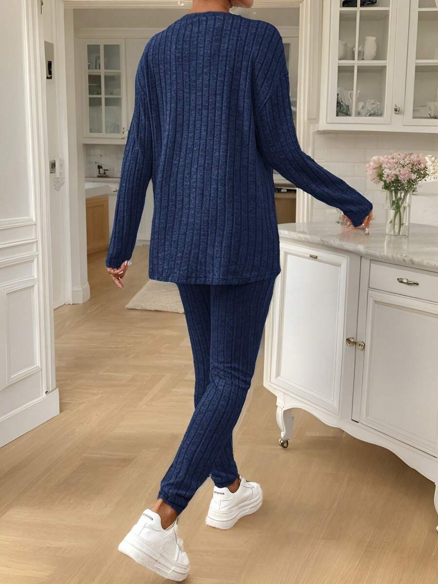 Women's Rib Knit Lounge Set, Oversized Drop Shoulder Top with Split Hem and Leggings, Navy Blue, view 3
