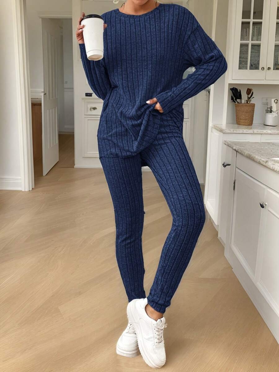 Women's Rib Knit Lounge Set, Oversized Drop Shoulder Top with Split Hem and Leggings, Navy Blue, view 4