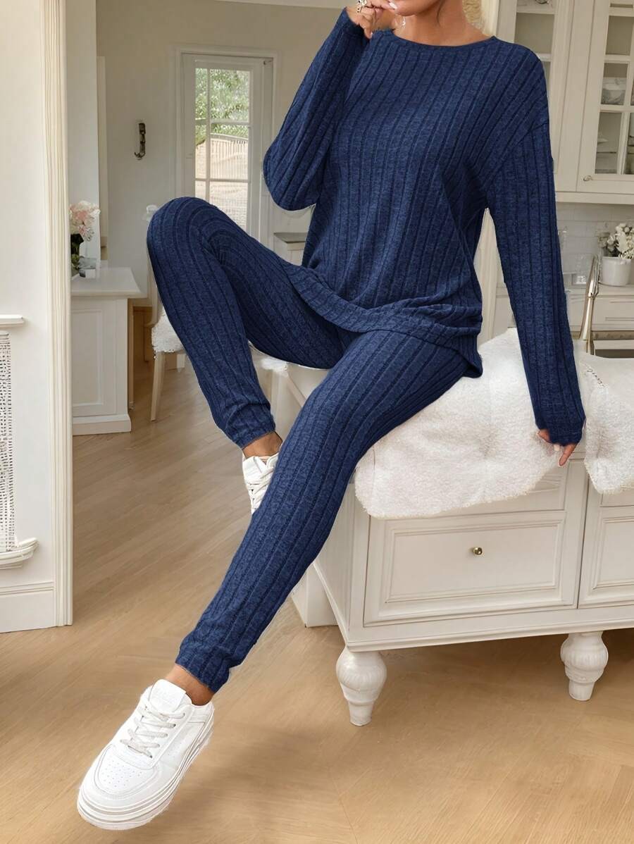 Women's Rib Knit Lounge Set, Oversized Drop Shoulder Top with Split Hem and Leggings, Navy Blue, view 5