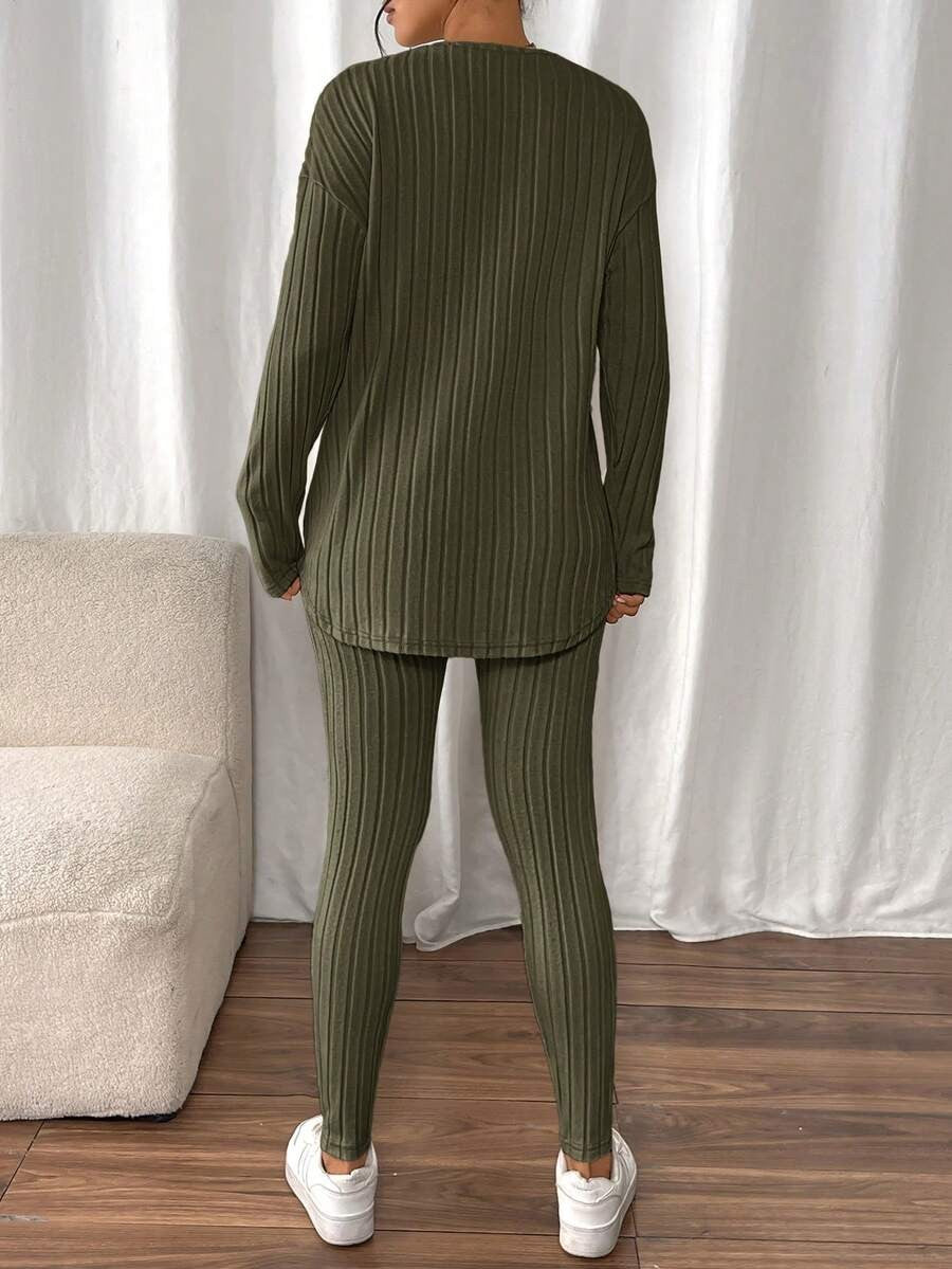 Women's Rib Knit Lounge Set, Oversized Drop Shoulder Top with Split Hem and Leggings, Army Green, view 7