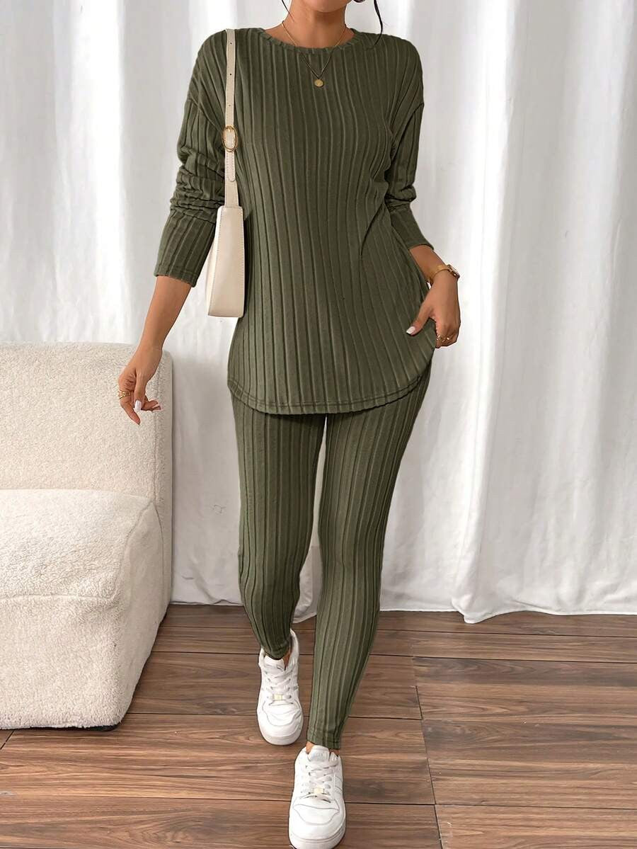 Women's Rib Knit Lounge Set, Oversized Drop Shoulder Top with Split Hem and Leggings, Army Green, view 8