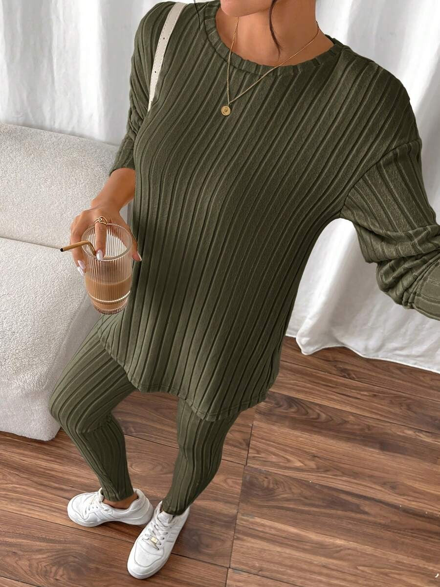 Women's Rib Knit Lounge Set, Oversized Drop Shoulder Top with Split Hem and Leggings, Army Green, view 11