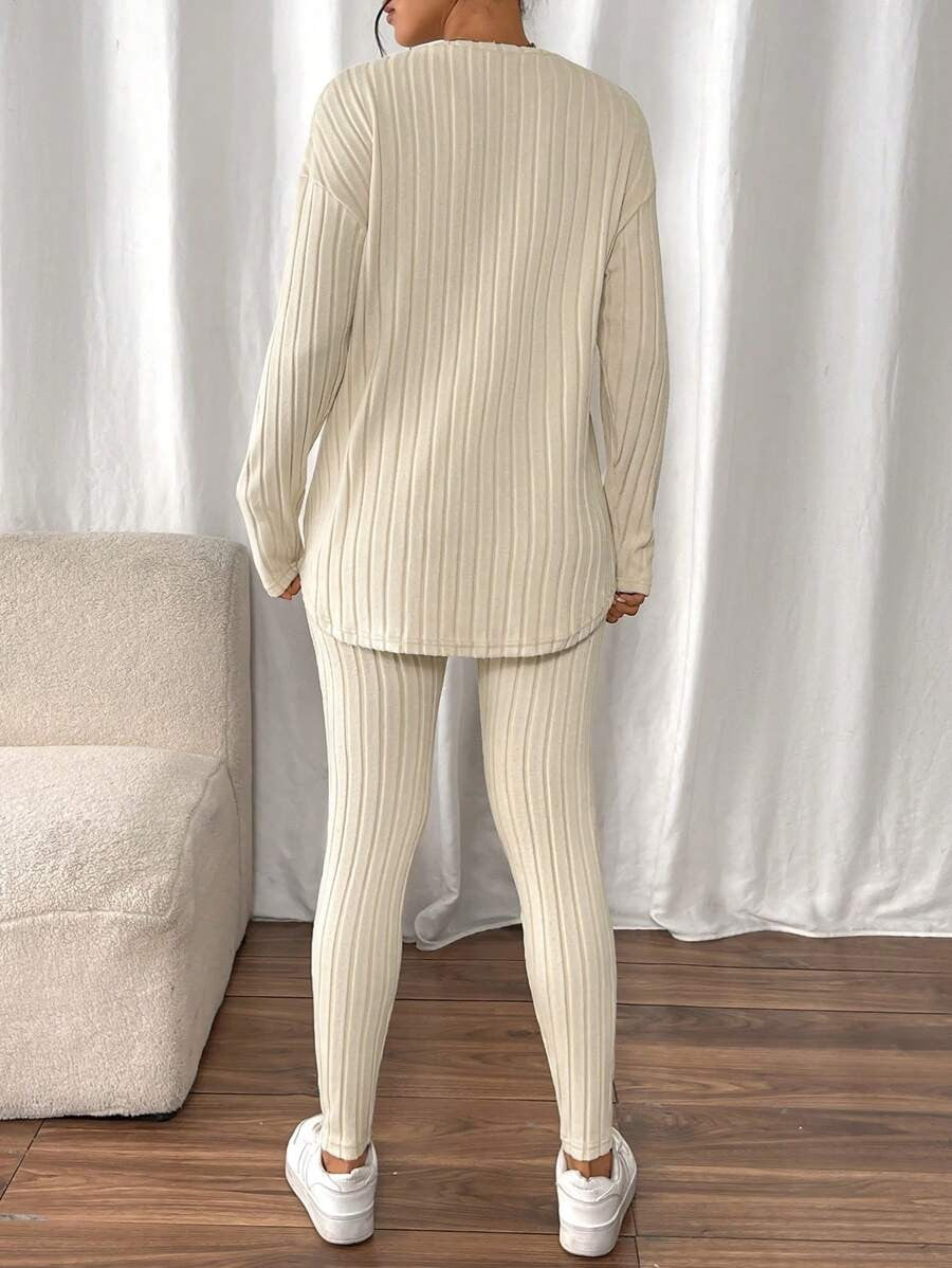Women's Rib Knit Lounge Set, Oversized Drop Shoulder Top with Split Hem and Leggings, Cream, view 13