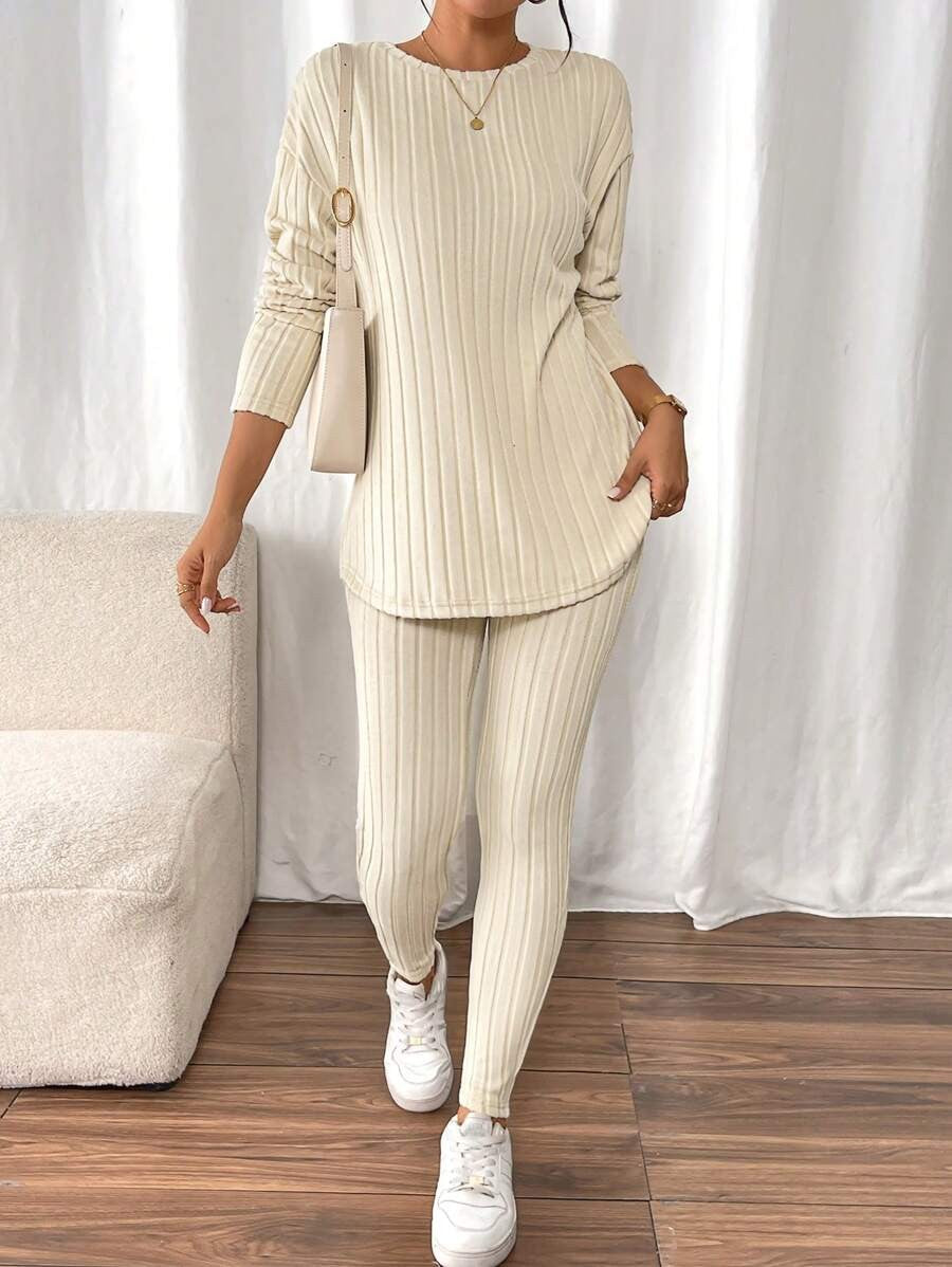 Women's Rib Knit Lounge Set, Oversized Drop Shoulder Top with Split Hem and Leggings, Cream, view 14