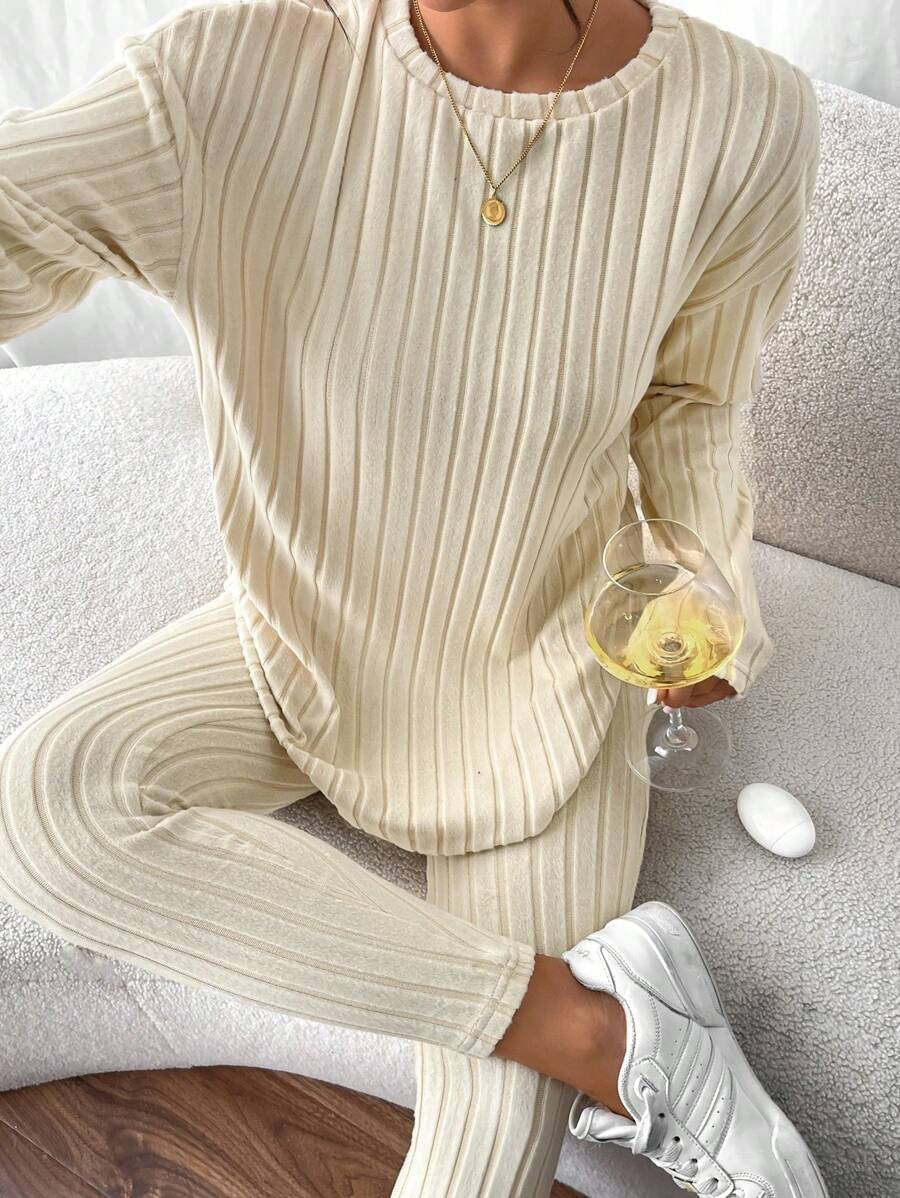 Women's Rib Knit Lounge Set, Oversized Drop Shoulder Top with Split Hem and Leggings, Cream, view 15