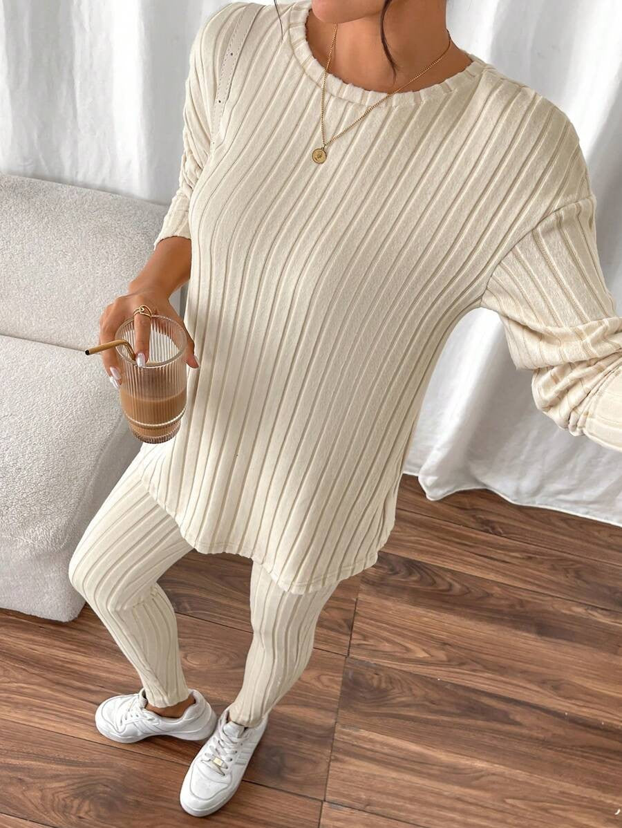 Women's Rib Knit Lounge Set, Oversized Drop Shoulder Top with Split Hem and Leggings, Cream, view 17