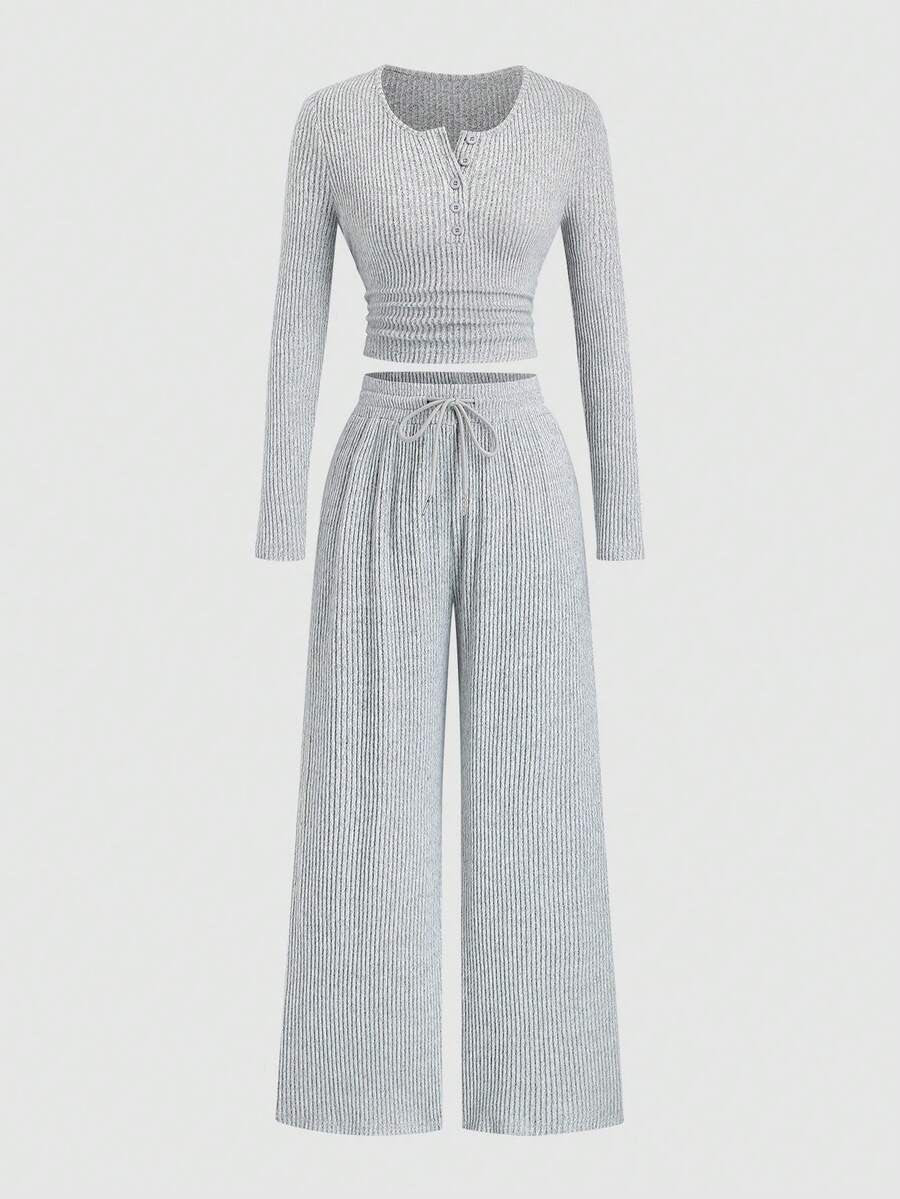 Women's Ribbed Knit Lounge Set, Cropped Henley Top with Ruched Hem and Wide Leg Drawstring Pants, Gray