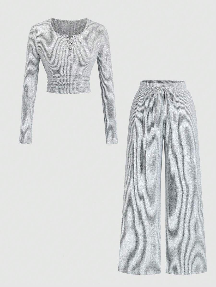 Women's Ribbed Knit Lounge Set, Cropped Henley Top with Ruched Hem and Wide Leg Drawstring Pants, Gray, view 2