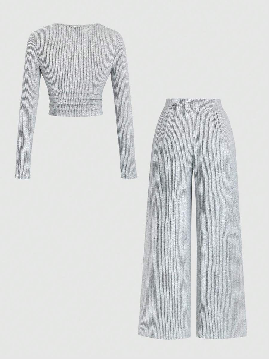 Women's Ribbed Knit Lounge Set, Cropped Henley Top with Ruched Hem and Wide Leg Drawstring Pants, Gray, view 3