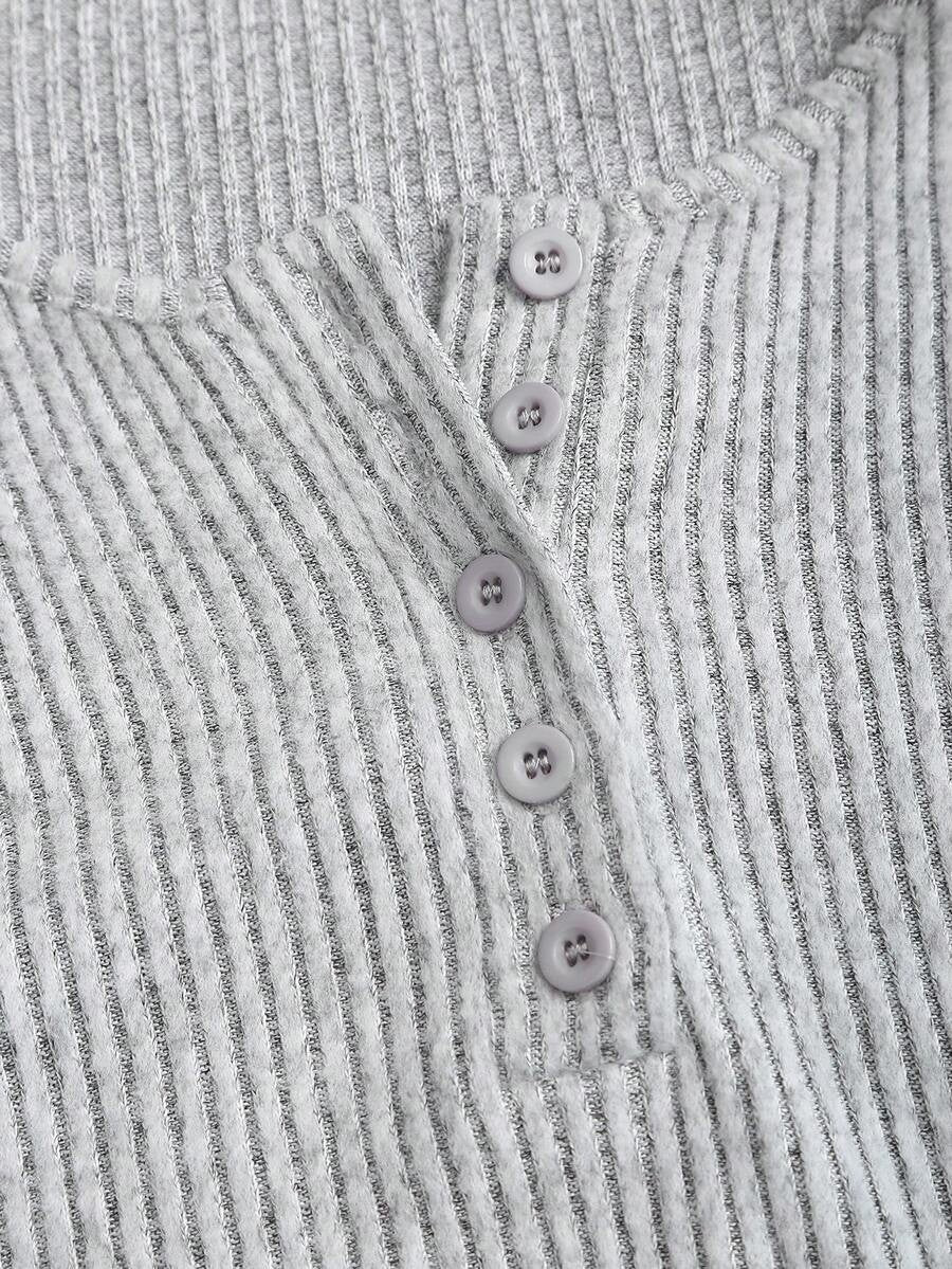 Women's Ribbed Knit Lounge Set, Cropped Henley Top with Ruched Hem and Wide Leg Drawstring Pants, Gray, view 4