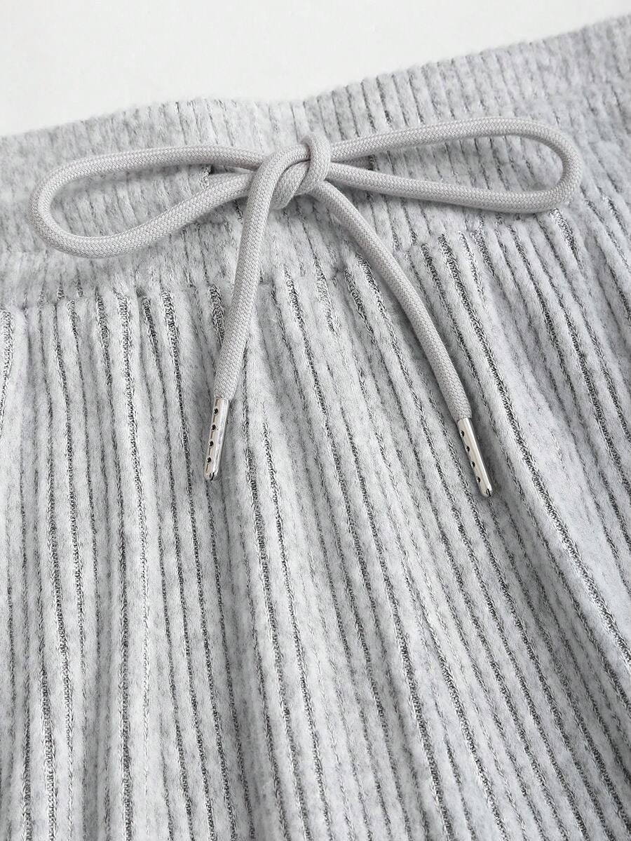 Women's Ribbed Knit Lounge Set, Cropped Henley Top with Ruched Hem and Wide Leg Drawstring Pants, Gray, view 5