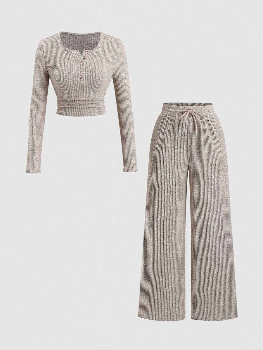Women's Ribbed Knit Lounge Set, Cropped Henley Top with Ruched Hem and Wide Leg Drawstring Pants, Oatmeal, view 7