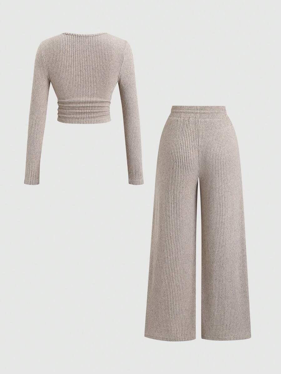 Women's Ribbed Knit Lounge Set, Cropped Henley Top with Ruched Hem and Wide Leg Drawstring Pants, Oatmeal, view 8