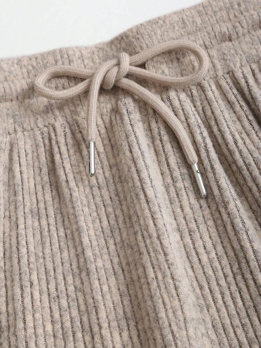 Women's Ribbed Knit Lounge Set, Cropped Henley Top with Ruched Hem and Wide Leg Drawstring Pants, Oatmeal, view 10