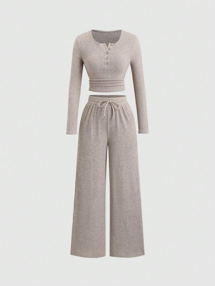 Women's Ribbed Knit Lounge Set, Cropped Henley Top with Ruched Hem and Wide Leg Drawstring Pants, Oatmeal, view 11
