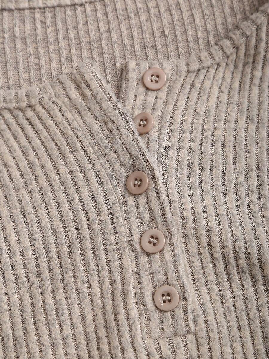Women's Ribbed Knit Lounge Set, Cropped Henley Top with Ruched Hem and Wide Leg Drawstring Pants, Oatmeal, view 12