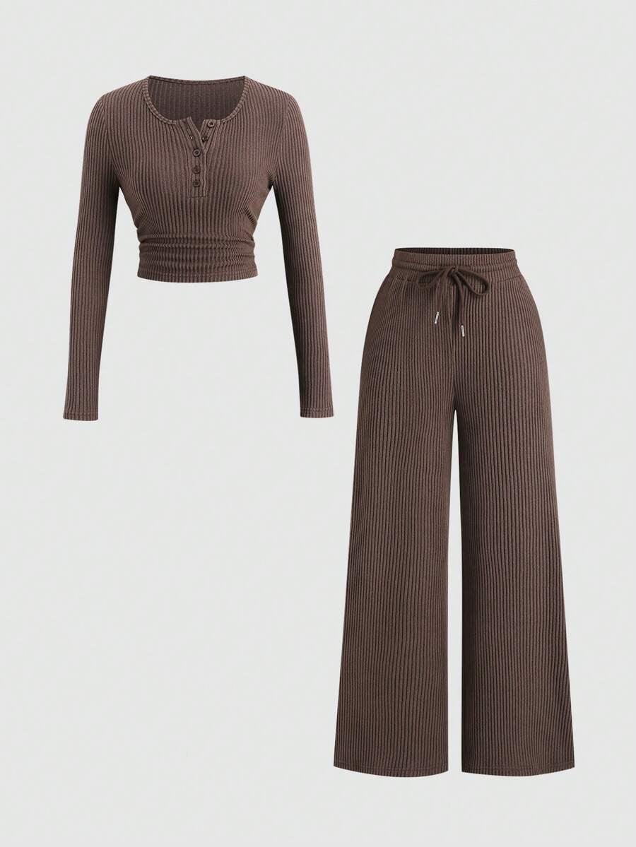 Women's Ribbed Knit Lounge Set, Cropped Henley Top with Ruched Hem and Wide Leg Drawstring Pants, Coffee Brown, view 13