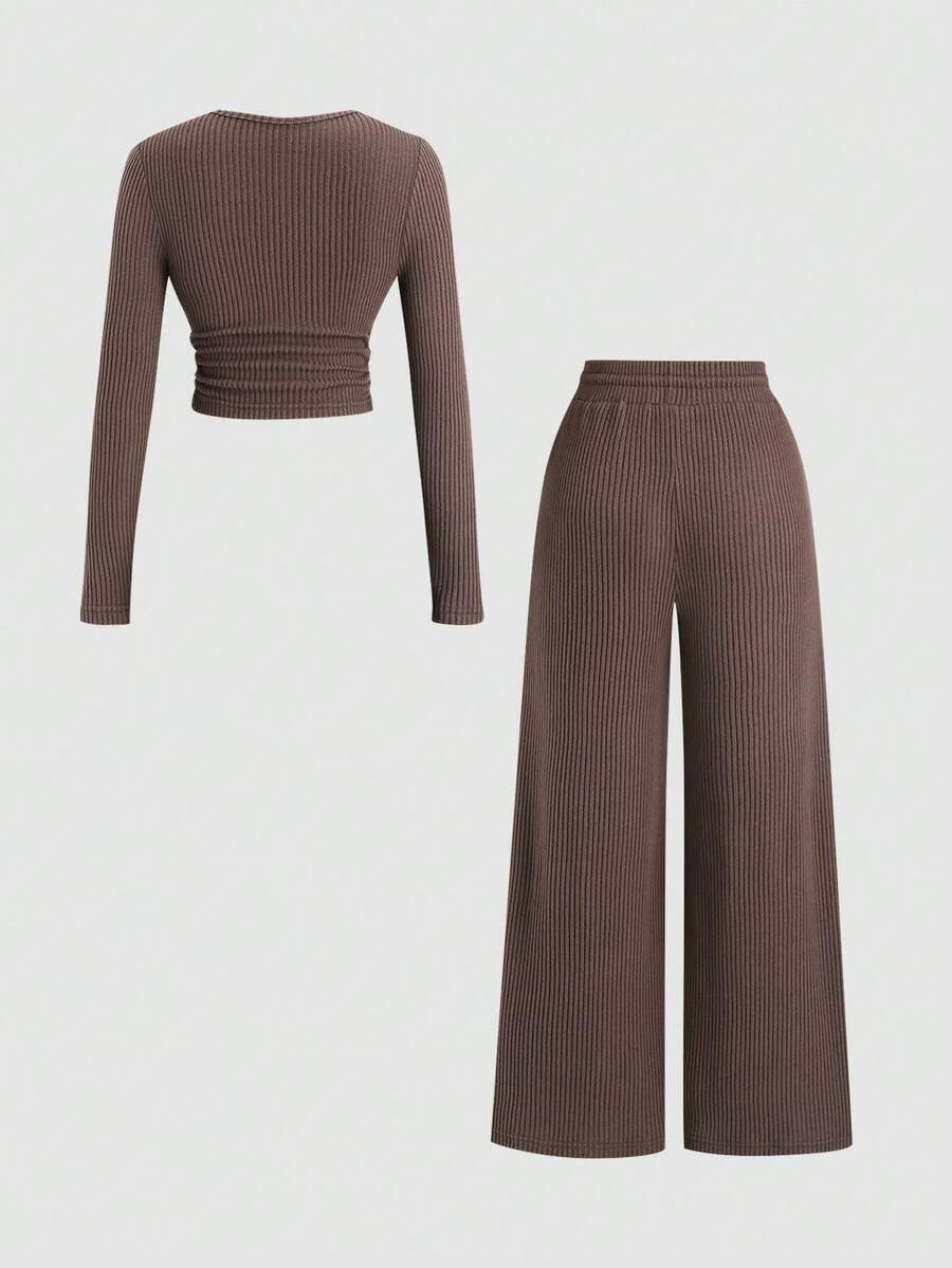 Women's Ribbed Knit Lounge Set, Cropped Henley Top with Ruched Hem and Wide Leg Drawstring Pants, Coffee Brown, view 14