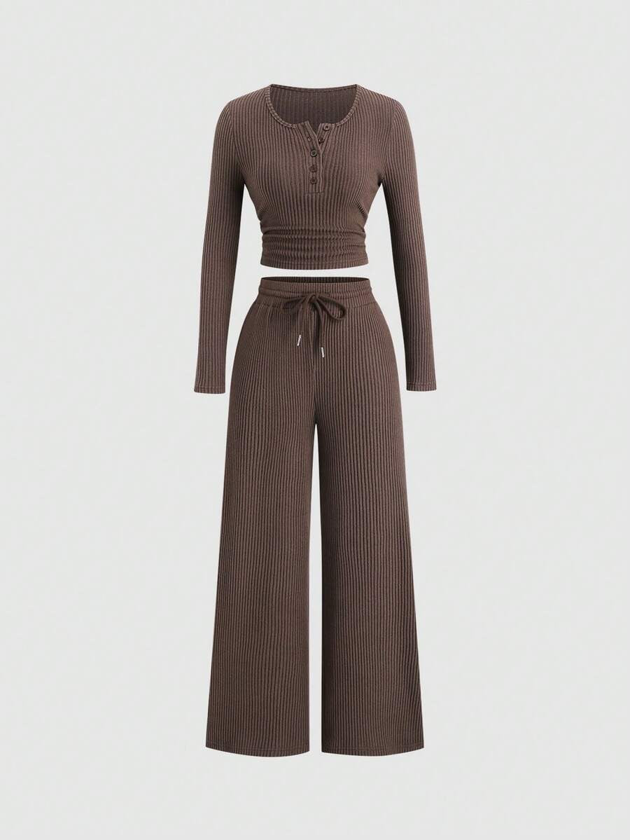 Women's Ribbed Knit Lounge Set, Cropped Henley Top with Ruched Hem and Wide Leg Drawstring Pants, Coffee Brown, view 15