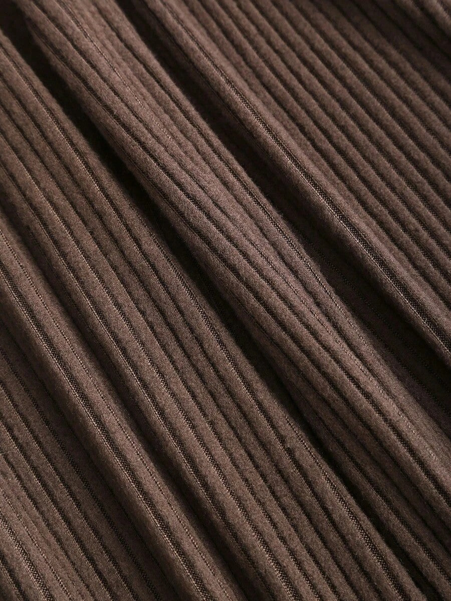 Women's Ribbed Knit Lounge Set, Cropped Henley Top with Ruched Hem and Wide Leg Drawstring Pants, Coffee Brown, view 17